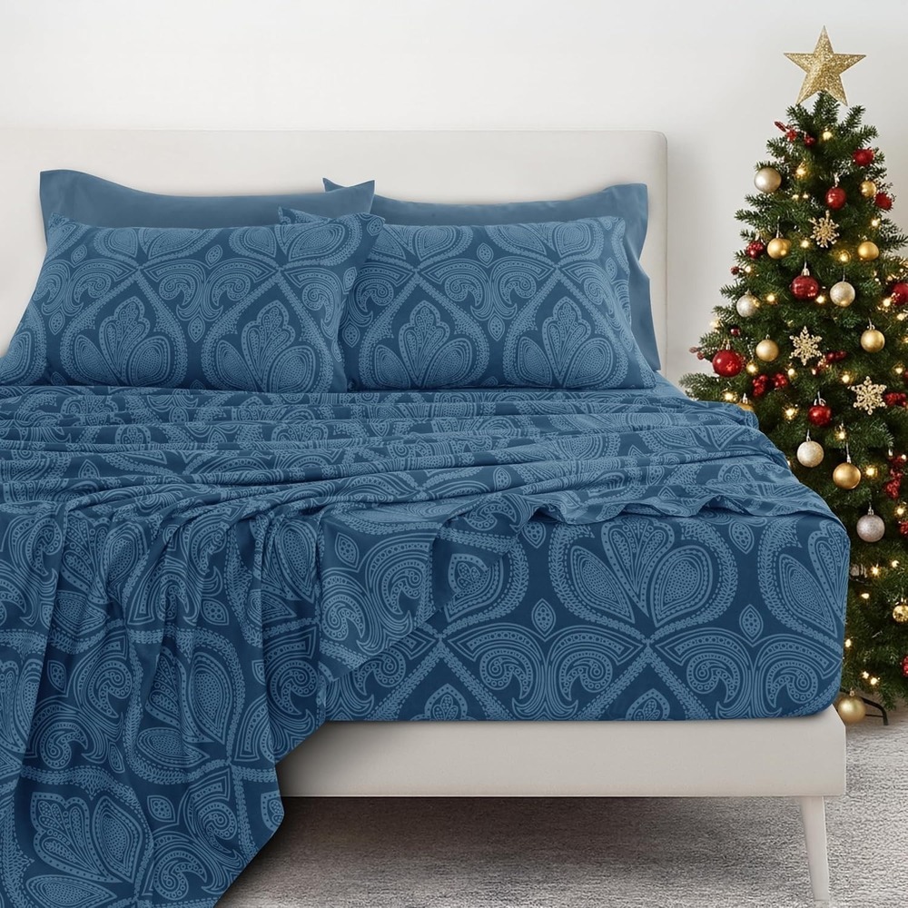 LDC‎ Lux Decor Navy Blue Paisley 6 Piece Sheet Set KING Size Microfiber NEW